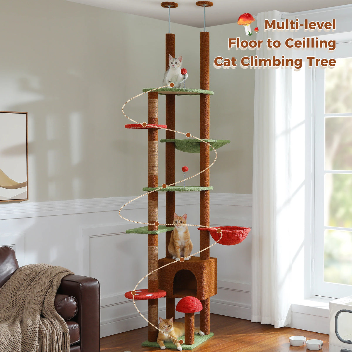 Cat Tree Floor to Ceiling Cat Tower Adjustable Height with Cat Condo Cozy Hammock and Scratching Post Tall Activity Tree Borwn