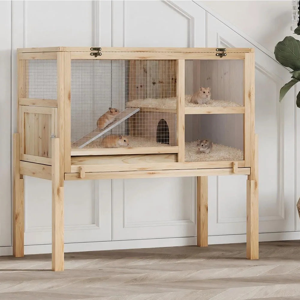 Wooden Guinea Pig Cage Indoor with Stand, 38' 2-Story Rabbit Hutch W/Ramp & Hideout, Clear Vision, Leak-Proof Pull-Out Tray, Lockable Door, Bunny Hamster Habitat