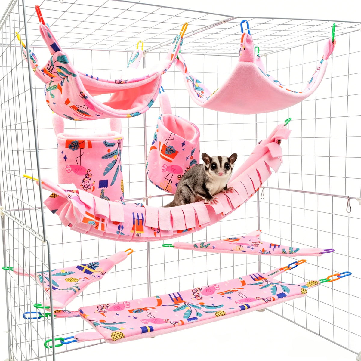 8PCS Small Pet Hammock Set for Hamsters, Sugar Gliders, Rats & Guinea Pigs, Hanging Bed Hideout Tunnel Swing Toy Cage Accessorie