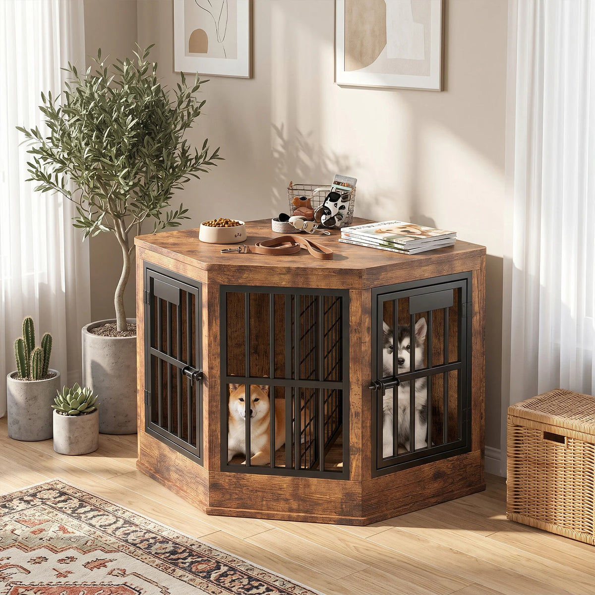 Wooden Corner Dog Crate Furniture Modern Indoor Dog Cage Decorative Pet House TV Stand for Medium and Large Sized Dogs Brown