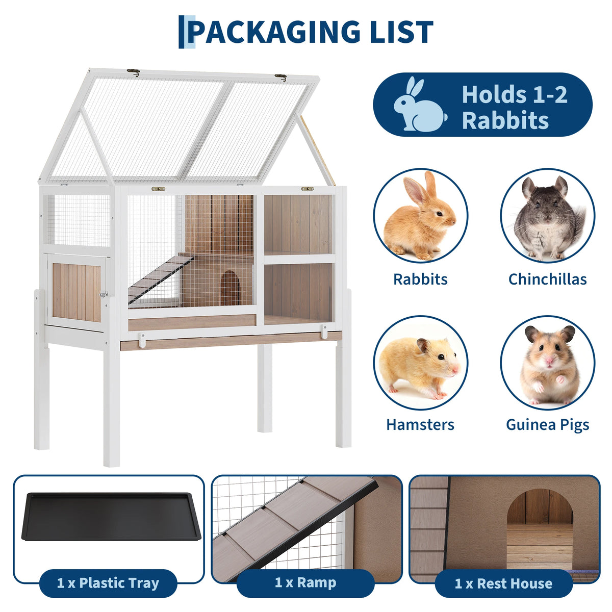 Wooden Guinea Pig Cage Indoor with Stand, 38' 2-Story Rabbit Hutch W/Ramp & Hideout, Clear Vision, Leak-Proof Pull-Out Tray, Lockable Door, Bunny Hamster Habitat