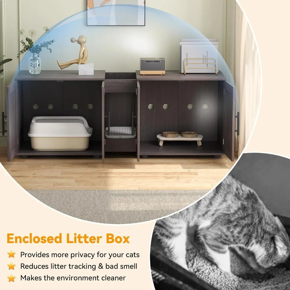 Hidden Litter Box Enclosure Furniture for 2 Cats Wooden Enclosed Storage Organizer Cat Litter Box Furniture Hidden Washroom Cat House Cat