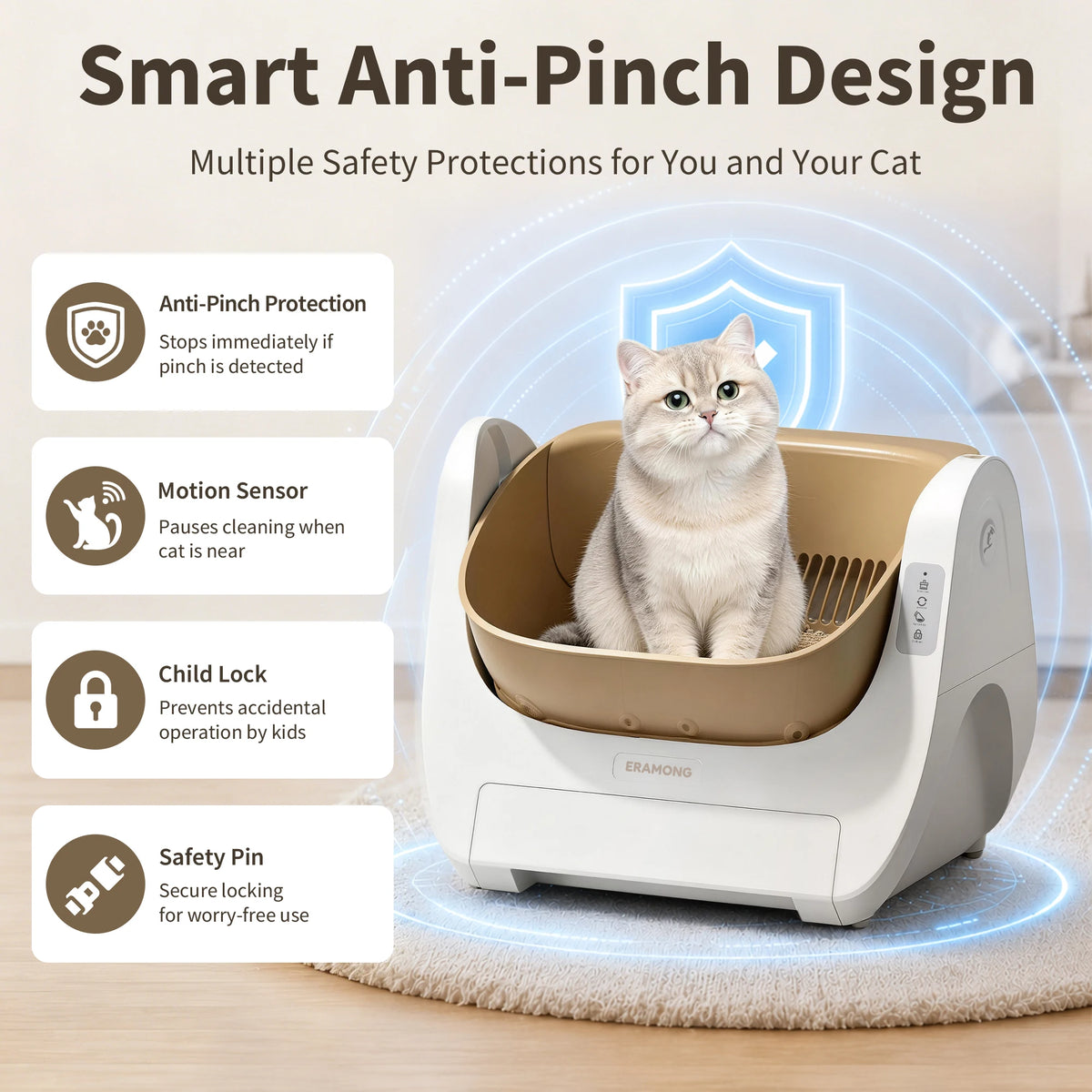 Smart Self-Cleaning Cat Litter Box with Voice Prompt Buttons, Automatic Cleaning Function, 360° Anti-Pinch Safety Protection And High-Efficiency Deodorization. Comes with a Large Waste Bin; Open-Top Design Fits Cats Weighing