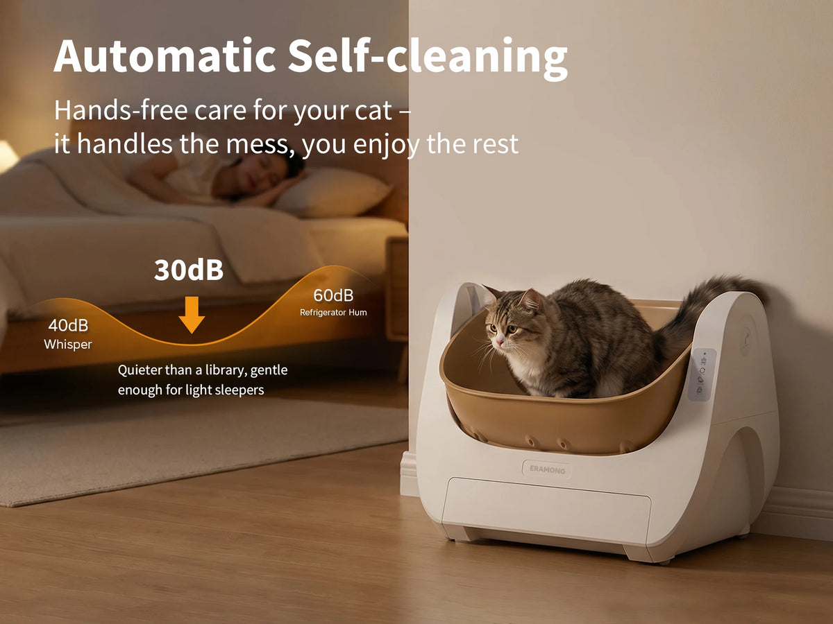 Smart Self-Cleaning Cat Litter Box with Voice Prompt Buttons, Automatic Cleaning Function, 360° Anti-Pinch Safety Protection And High-Efficiency Deodorization. Comes with a Large Waste Bin; Open-Top Design Fits Cats Weighing