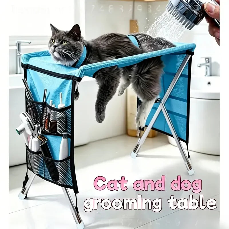 Foldable Pet Grooming Hammock With Stainless Steel Frame Stand Joint‑Friendly Bathing Sling For Small Medium Cats Dogs Under 15kg Home Pet Grooming Helper