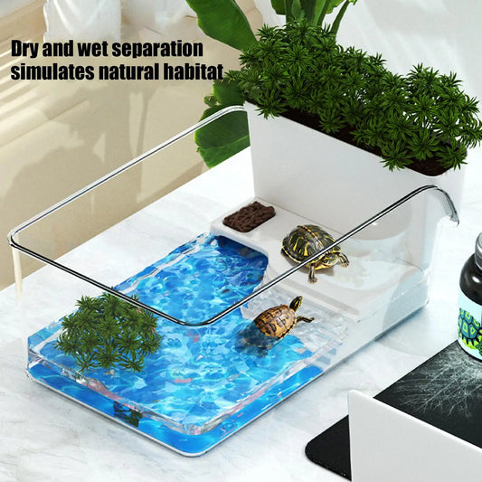 Turtle Tank with Basking Area, Transparent Reptile Terrarium Habitat for Pet Turtles, Hermit Crabs, Tortoise Adoption