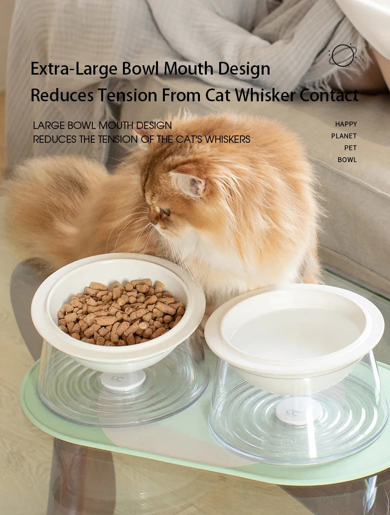 White Happy Planet Pet Bowl Tilted Raised Cat Bowl Non‑Slip Anti‑Tip Pet Feeding Dish Neck Guard Removable Bowl for Cats Small Dogs