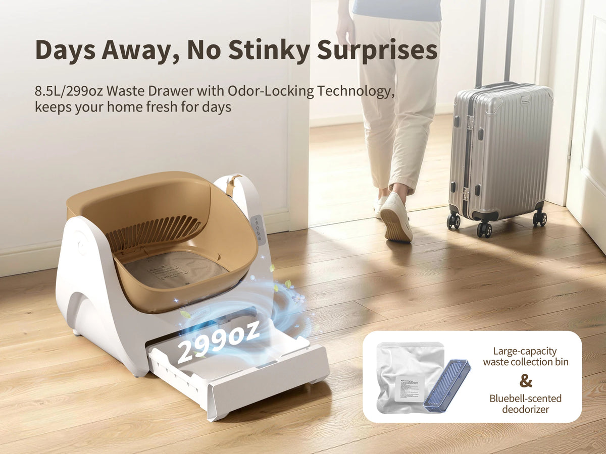 Smart Self-Cleaning Cat Litter Box with Voice Prompt Buttons, Automatic Cleaning Function, 360° Anti-Pinch Safety Protection And High-Efficiency Deodorization. Comes with a Large Waste Bin; Open-Top Design Fits Cats Weighing
