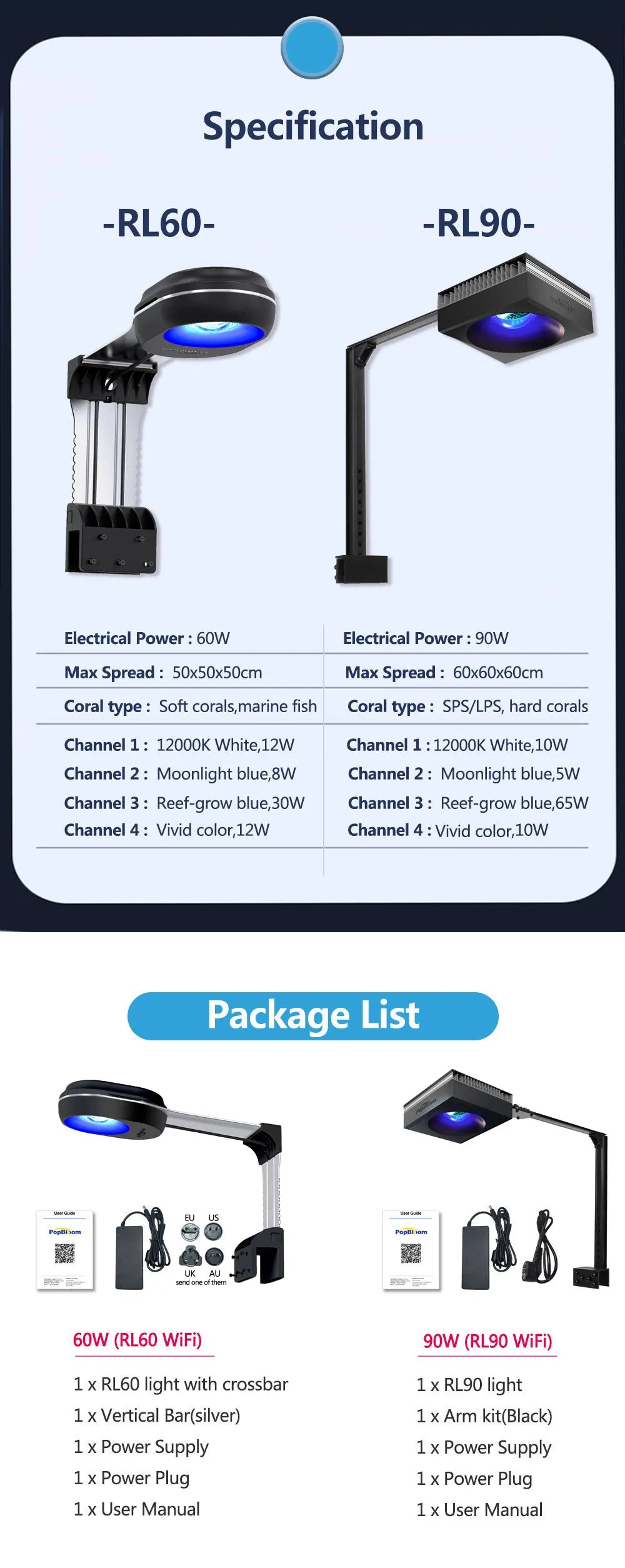 PopBloom-Marine Aquarium Light 60W/100W, Reef Aquarium LED Lamp for 30-70cm Reef Coral SPS LPS Saltwater Tank