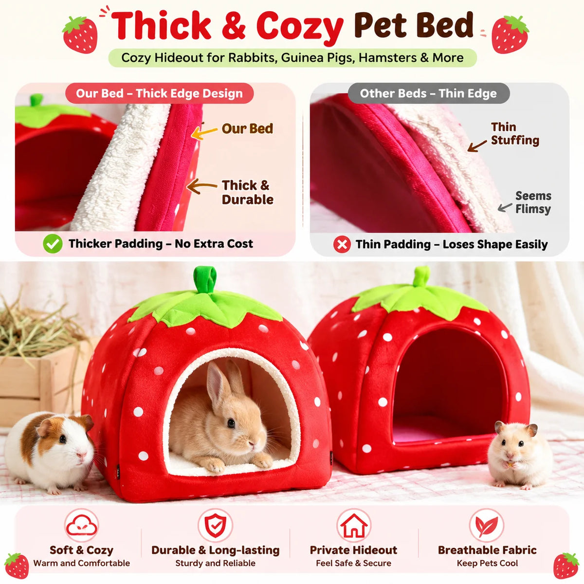 2PCS Rabbit Bed & Hay Feeder Bag Set, Strawberry Hideaway House, Hanging Hay Rack, Soft Cage Accessories for Bunny Guinea Pig