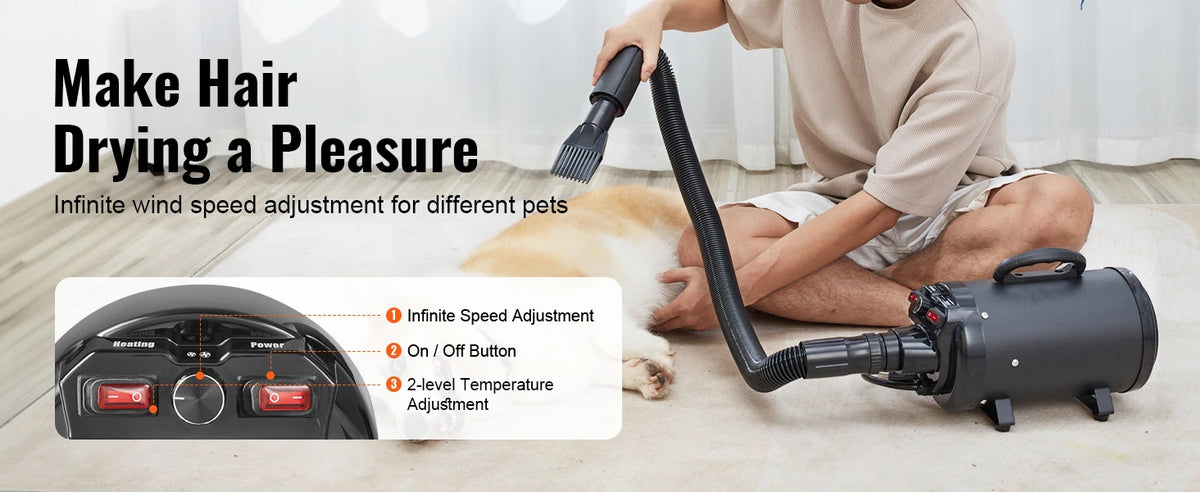 SucceBuy 2000W/2.7HP Dog Blow Dryer Adjustable Speed Temperature Control with 4 Nozzle and Extendable Hose for Pet Hair Grooming