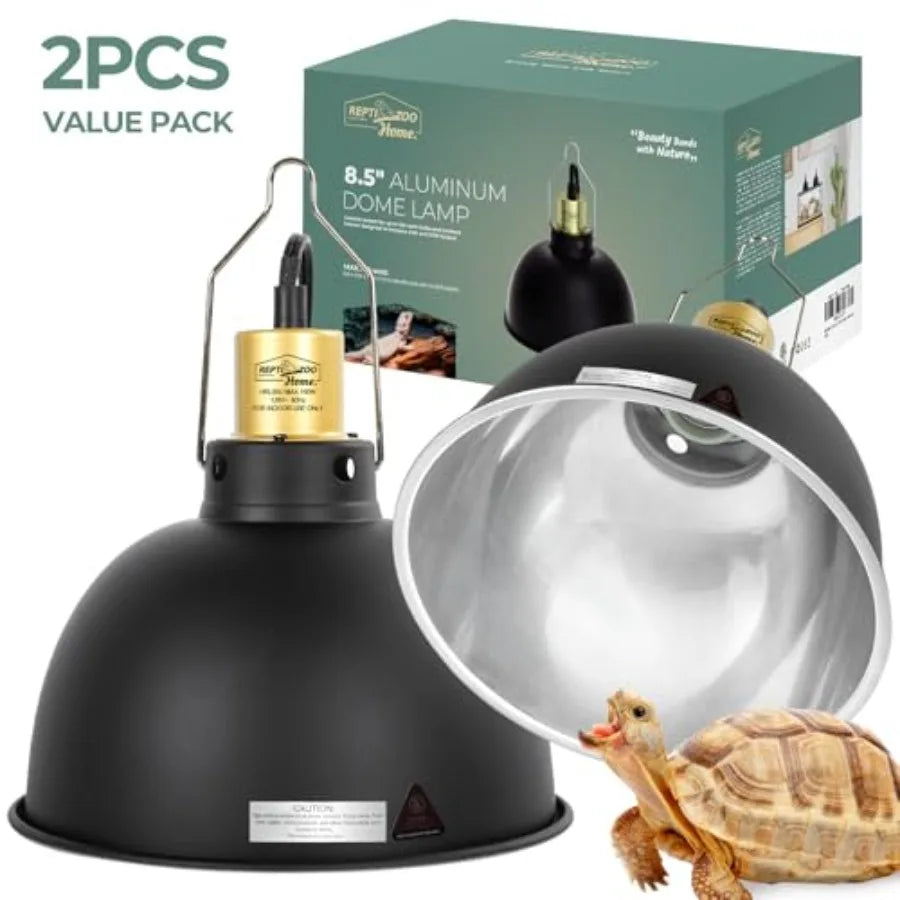 2 Pack Reptile Light Fixture, 8.5in Deep Dome Reptile Heat Lamp Fixture with Switch, Dual Terrarium UVB Basking Light Fixture f