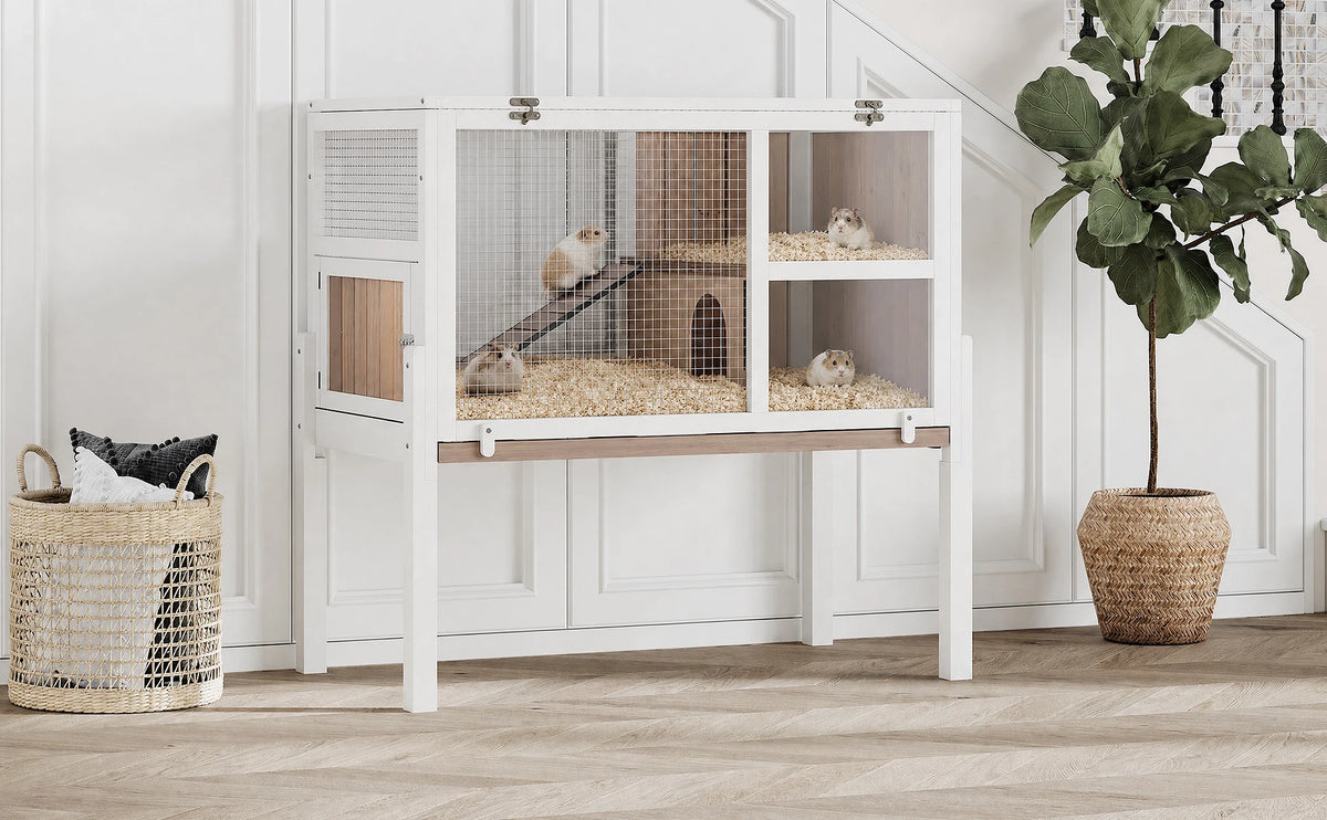 Wooden Guinea Pig Cage Indoor with Stand, 38' 2-Story Rabbit Hutch W/Ramp & Hideout, Clear Vision, Leak-Proof Pull-Out Tray, Lockable Door, Bunny Hamster Habitat
