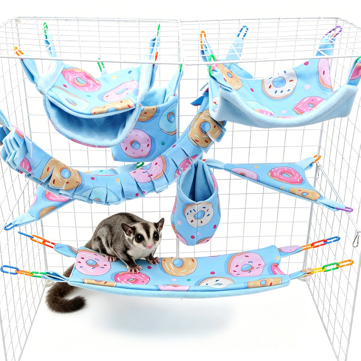 8PCS Small Pet Hammock Set for Hamsters, Sugar Gliders, Rats & Guinea Pigs, Hanging Bed Hideout Tunnel Swing Toy Cage Accessorie