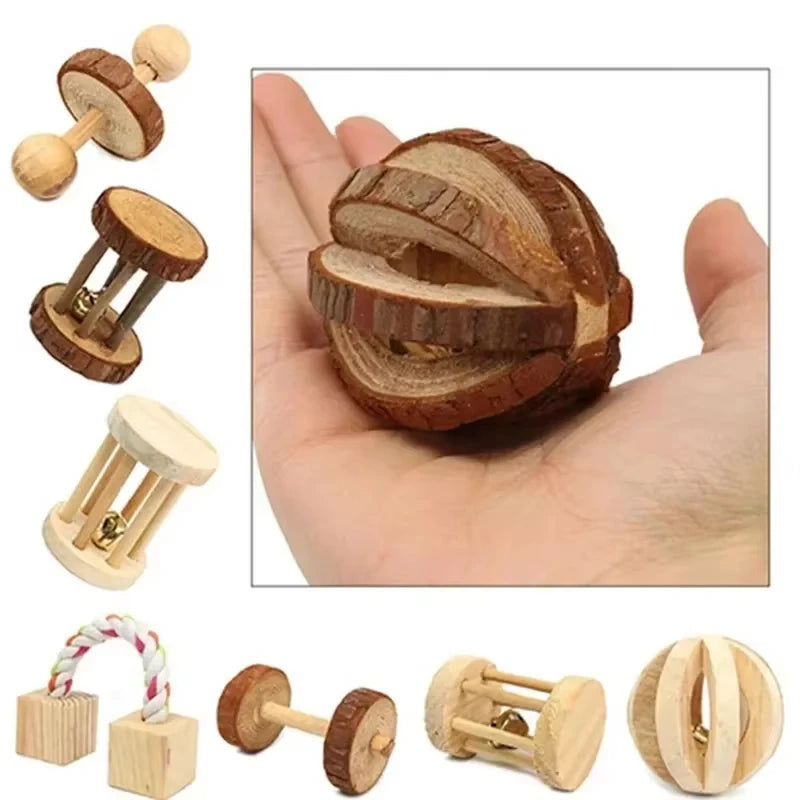 Guinea Pig Rabbit Hamster Small Animal Play Pet Roller Toys Natural Wooden Pine Dumbells Unicycle Bell Chew Chewing Braided Ball