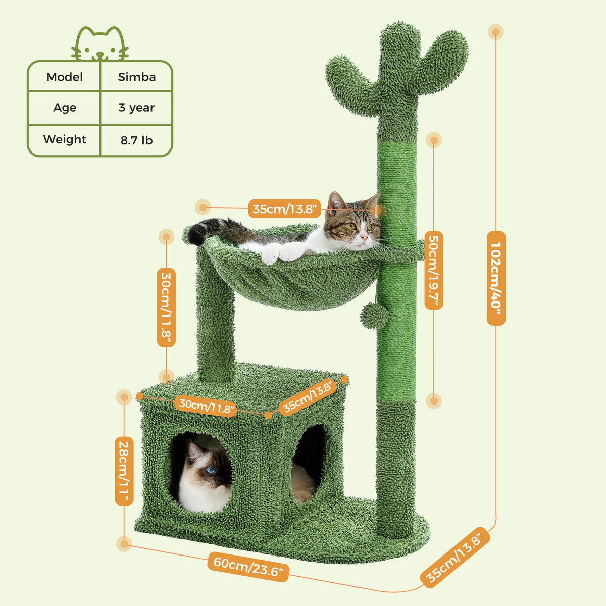 Cactus Cat Tree with Lagre Condo, Hammock, Dangling Ball, Small Cat Tower, Cat Scratching Post for Indoor, Cat Toys