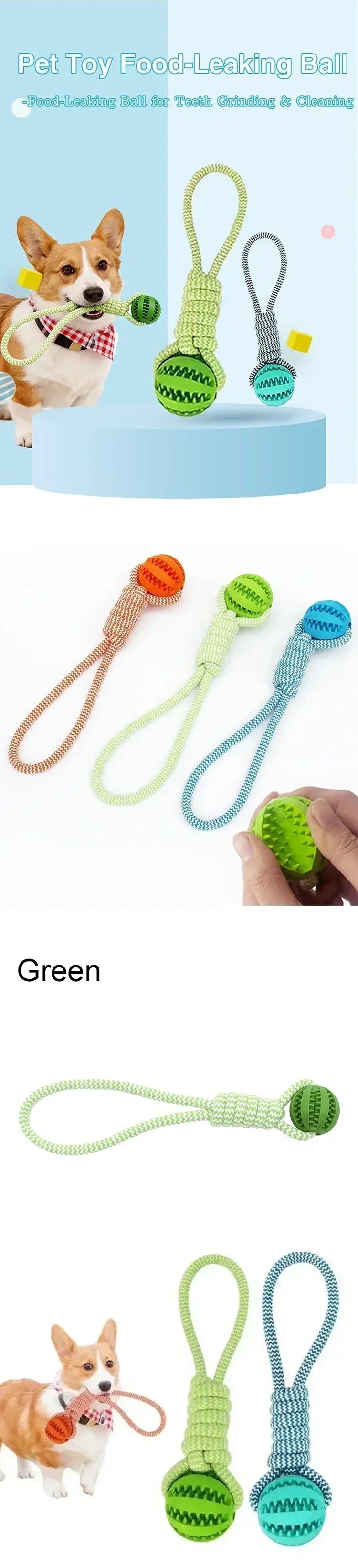 Dog Chew Toy Cotton Rope Tug Toy with Treat Dispensing Rubber Ball Durable Bite Resistant Teeth Cleaning Interactive Training Toy for Puppy Small Medium Dogs Green