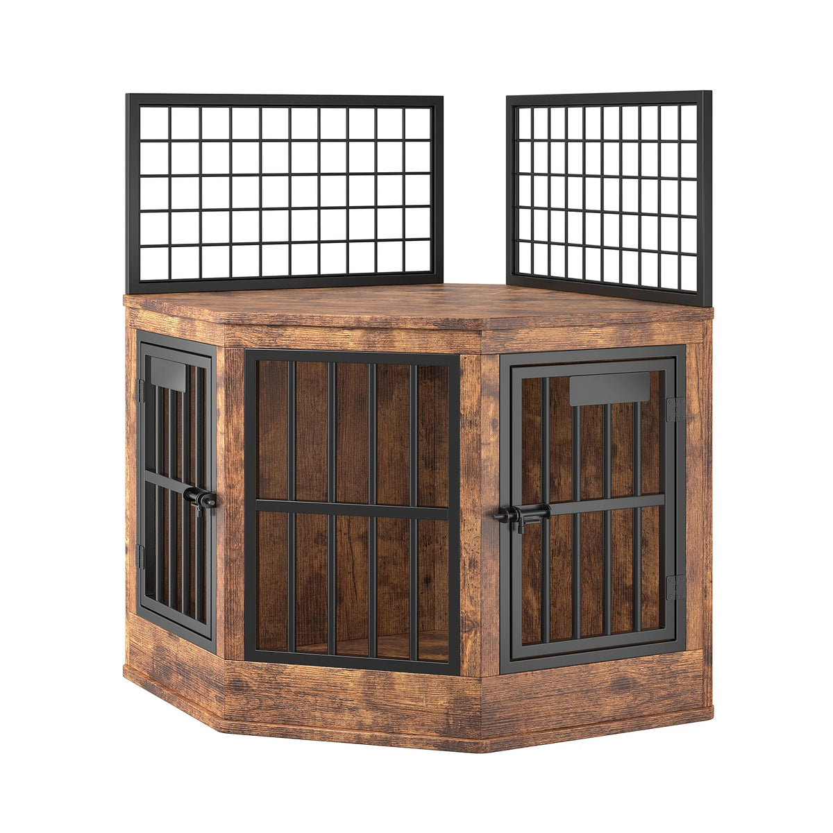 Wooden Corner Dog Crate Furniture Modern Indoor Dog Cage Decorative Pet House TV Stand for Medium and Large Sized Dogs Brown