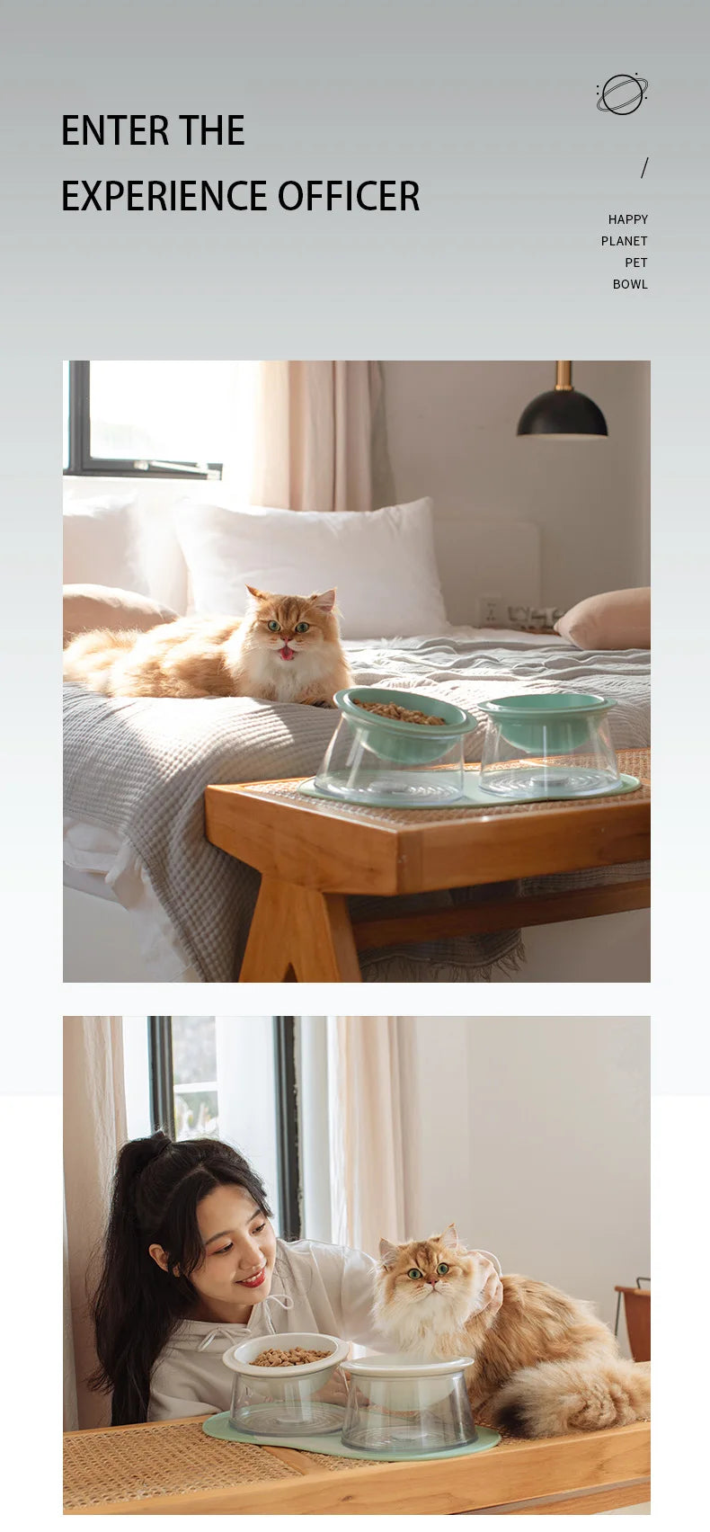 White Happy Planet Pet Bowl Tilted Raised Cat Bowl Non‑Slip Anti‑Tip Pet Feeding Dish Neck Guard Removable Bowl for Cats Small Dogs
