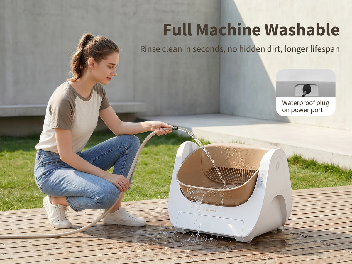 Smart Self-Cleaning Cat Litter Box with Voice Prompt Buttons, Automatic Cleaning Function, 360° Anti-Pinch Safety Protection And High-Efficiency Deodorization. Comes with a Large Waste Bin; Open-Top Design Fits Cats Weighing