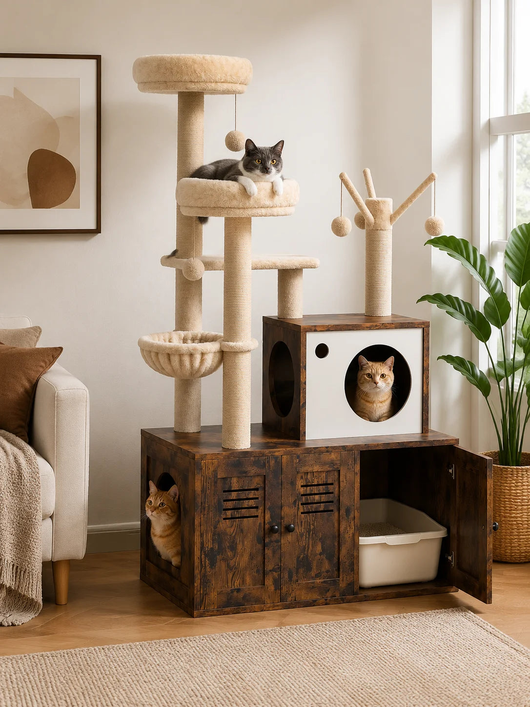Cat Tower with Litter Box Enclosure, 2-in-1 Modern Cat Tree, 55.1-Inch Cat Condo with Scratching Posts, Hidden Litter Cabinet, Hammock & Perches, Engineered Wood, Indoor Use