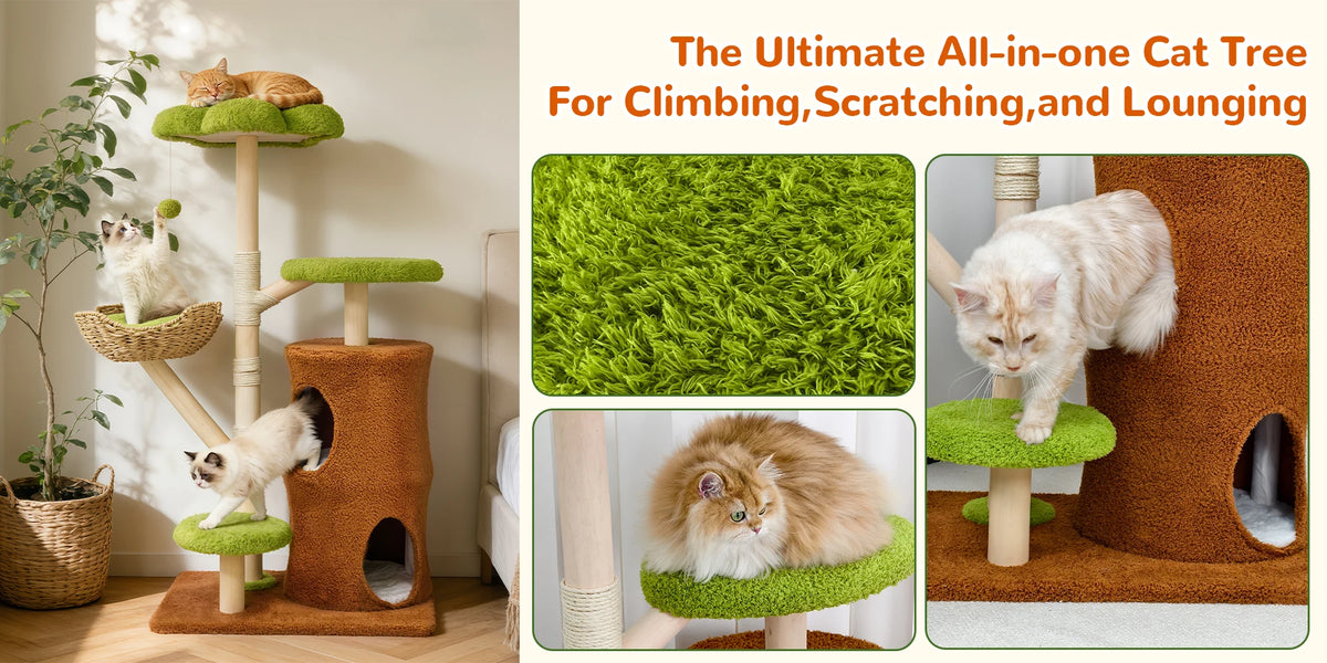 Large Cat Tree Tower Pet Cat Activity Center Scratching Post Cat Condo House Solid Wooden Cat Furniture