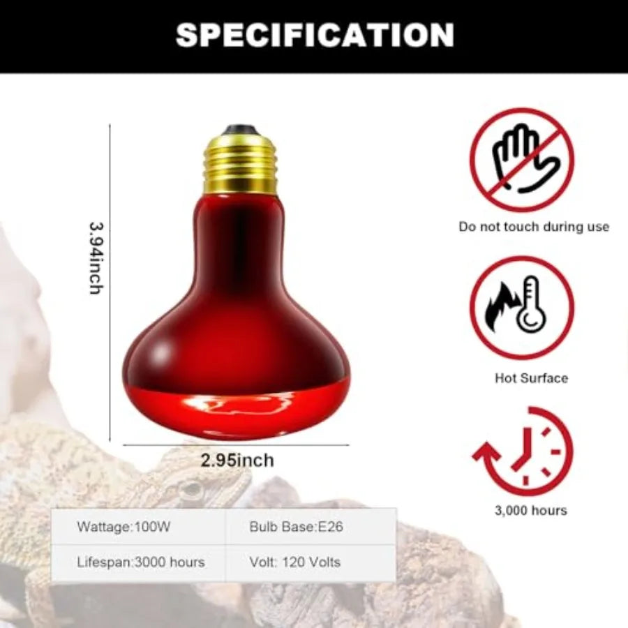 2 Pack Infrared Heat Lamp Bulbs, Reptile Heat Emitter Basking Spot Light, Red Heat Lamp for Chickens Coop Reptile Pets Brooder