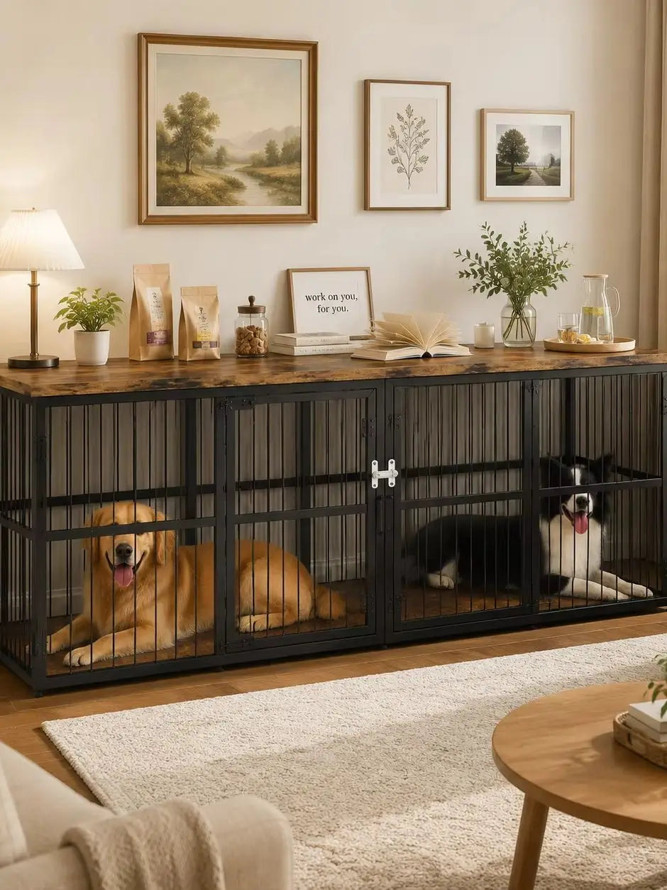 87 Inch Extra Large Double Dog Crate Furniture with Divider 3 Doors Heavy Duty Wooden Indoor Dog Kennel Cabinet TV Stand for 2 Dogs Lockable Pet House with Storage Table