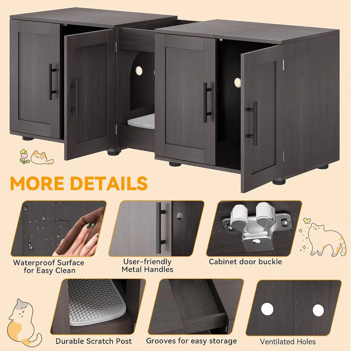 Hidden Litter Box Enclosure Furniture for 2 Cats Wooden Enclosed Storage Organizer Cat Litter Box Furniture Hidden Washroom Cat House Cat