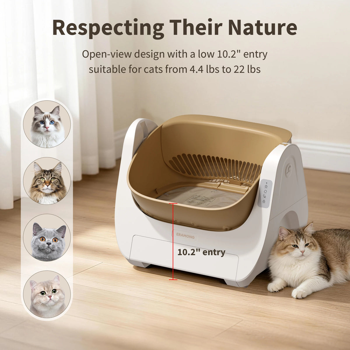 Smart Self-Cleaning Cat Litter Box with Voice Prompt Buttons, Automatic Cleaning Function, 360° Anti-Pinch Safety Protection And High-Efficiency Deodorization. Comes with a Large Waste Bin; Open-Top Design Fits Cats Weighing