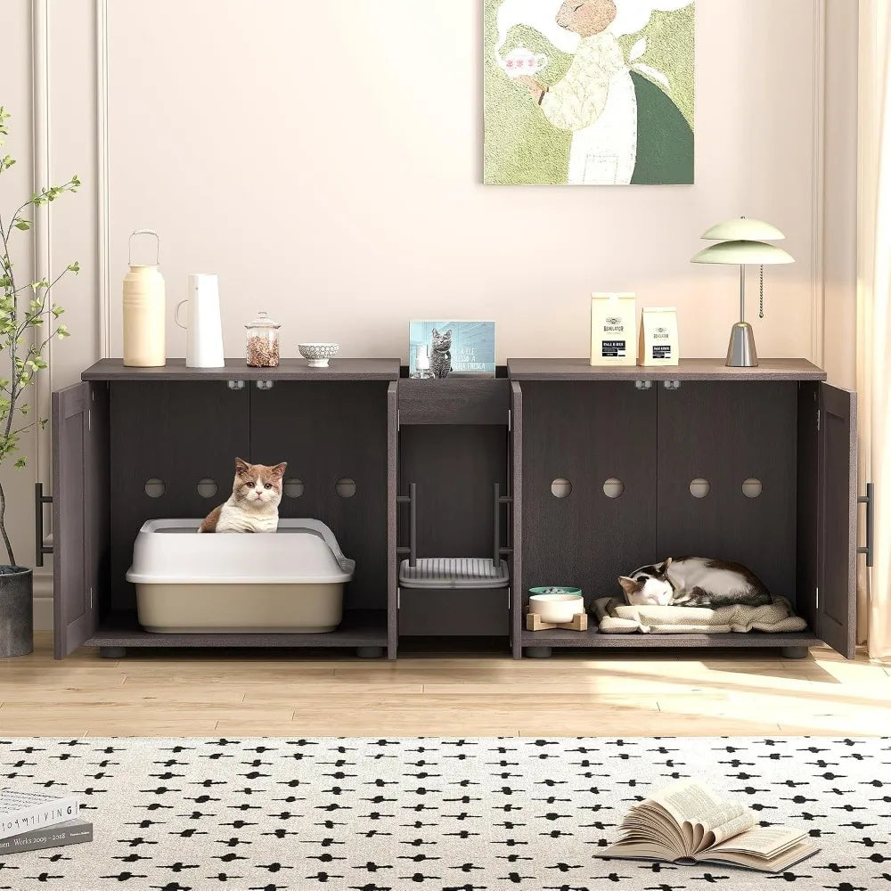 Hidden Litter Box Enclosure Furniture for 2 Cats Wooden Enclosed Storage Organizer Cat Litter Box Furniture Hidden Washroom Cat House Cat
