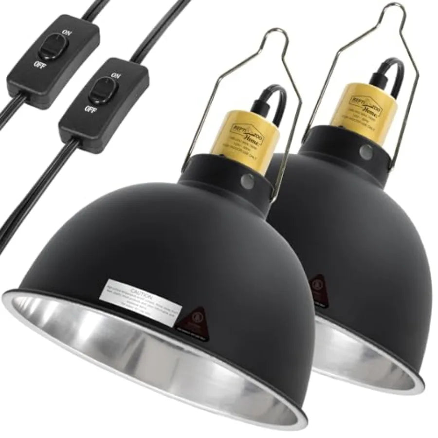 2 Pack Reptile Light Fixture, 8.5in Deep Dome Reptile Heat Lamp Fixture with Switch, Dual Terrarium UVB Basking Light Fixture f