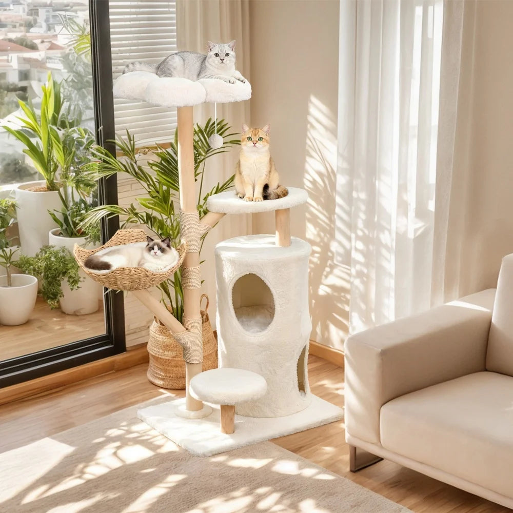 Large Cat Tree Tower Pet Cat Activity Center Scratching Post Cat Condo House Solid Wooden Cat Furniture