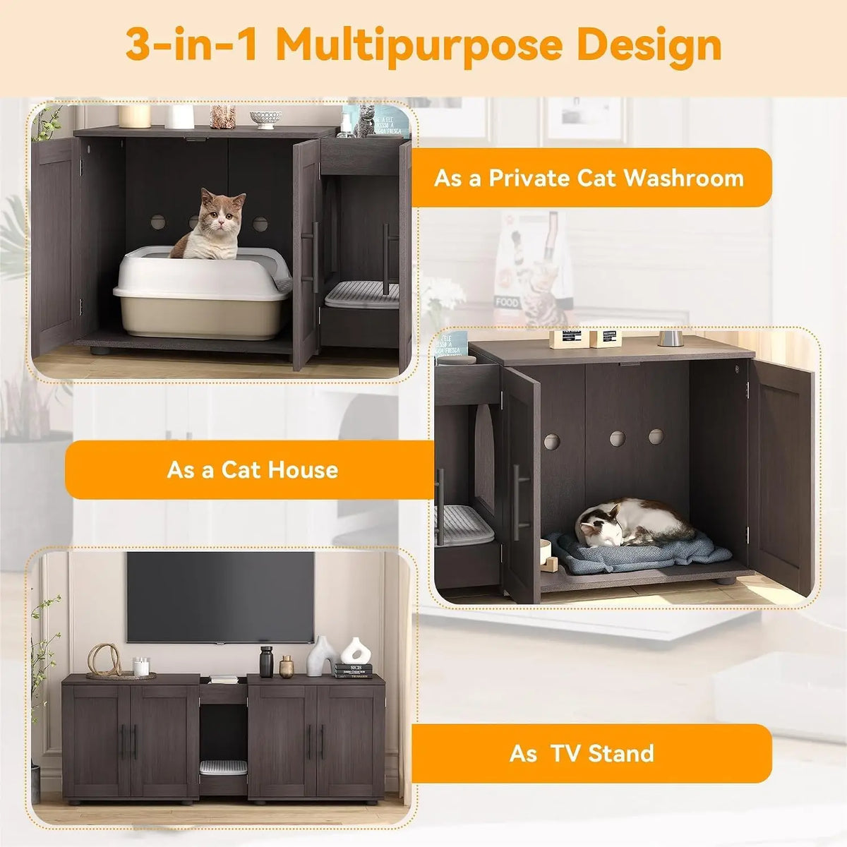 Hidden Litter Box Enclosure Furniture for 2 Cats Wooden Enclosed Storage Organizer Cat Litter Box Furniture Hidden Washroom Cat House Cat