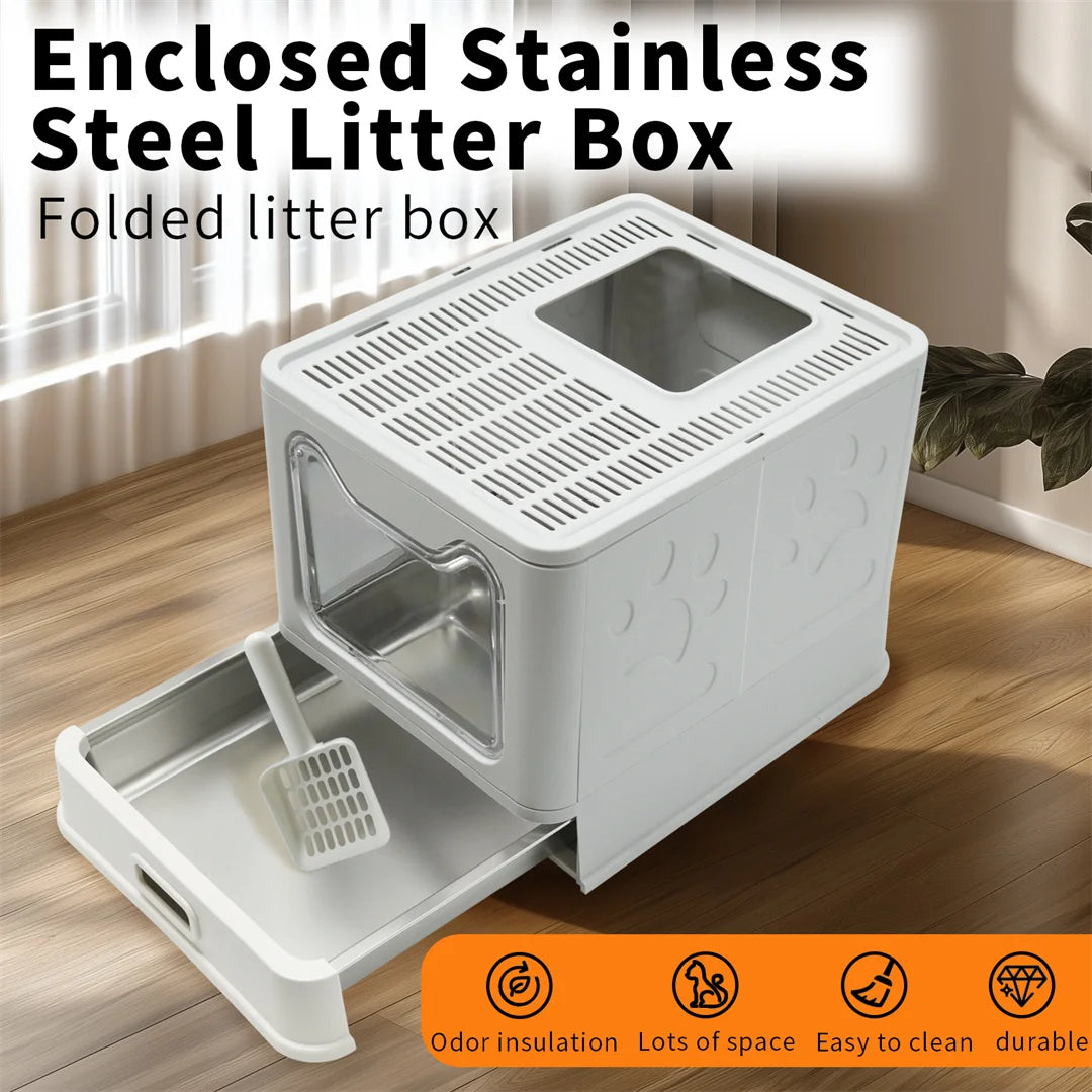 Bingopaw Detachable Enclosed Cat Litter Box with Stainless Steel Pan Front Entry Toilet Box with Litter Scoop for Kittens