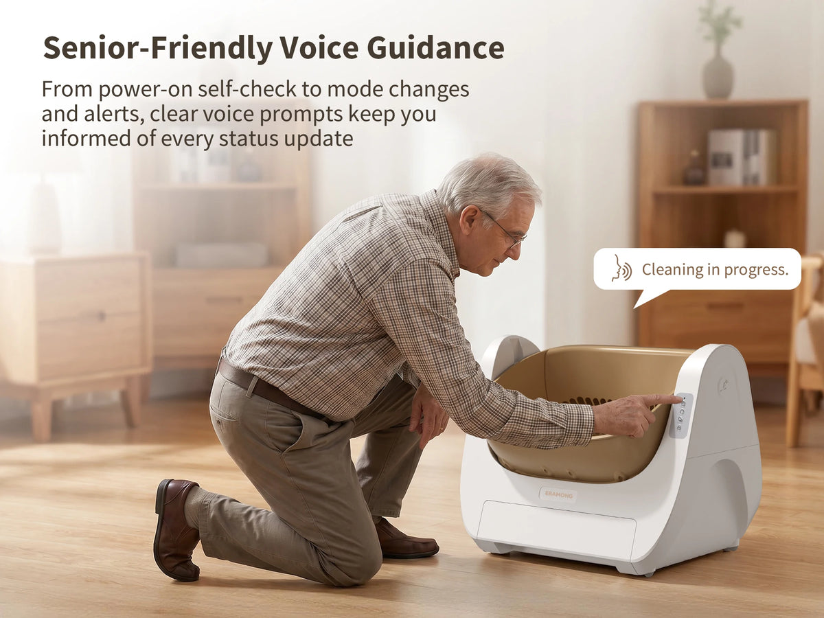 Smart Self-Cleaning Cat Litter Box with Voice Prompt Buttons, Automatic Cleaning Function, 360° Anti-Pinch Safety Protection And High-Efficiency Deodorization. Comes with a Large Waste Bin; Open-Top Design Fits Cats Weighing