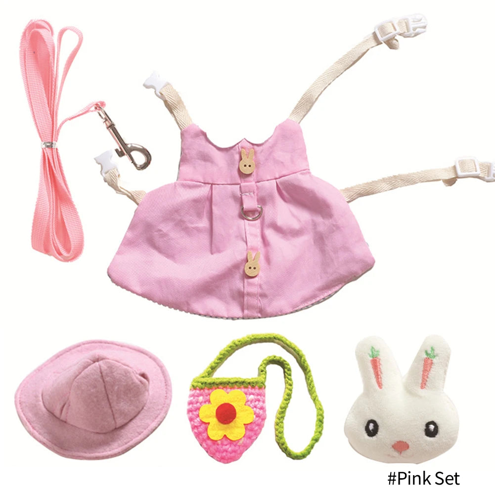Cute Bunny Pet Vest Accessories Outdoor Leash Rabbit Clothes with Bag Hat Harness Strap Leash Dress Clothes for Guinea Pig