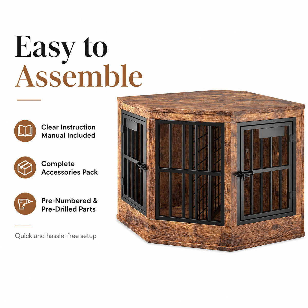 Wooden Corner Dog Crate Furniture Modern Indoor Dog Cage Decorative Pet House TV Stand for Medium and Large Sized Dogs Brown