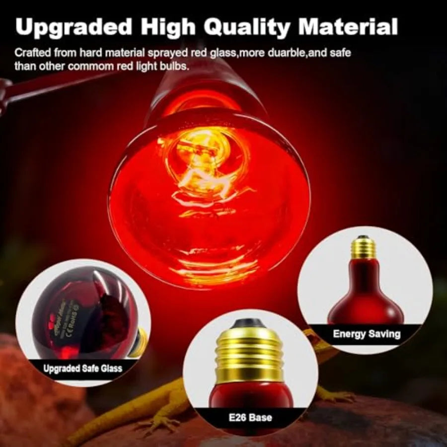 2 Pack Infrared Heat Lamp Bulbs, Reptile Heat Emitter Basking Spot Light, Red Heat Lamp for Chickens Coop Reptile Pets Brooder