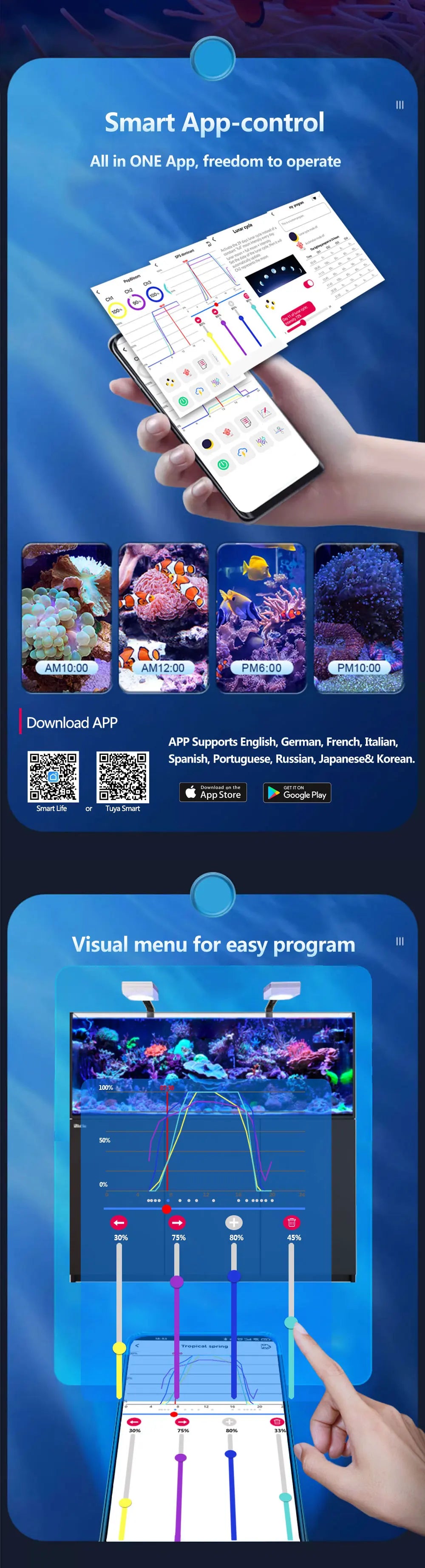 PopBloom-Marine Aquarium Light 60W/100W, Reef Aquarium LED Lamp for 30-70cm Reef Coral SPS LPS Saltwater Tank