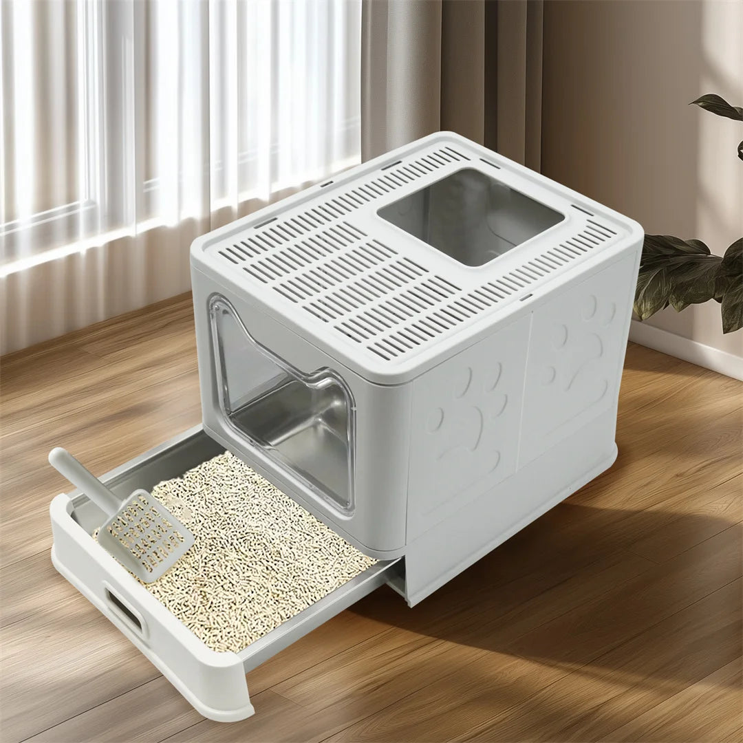 Bingopaw Detachable Enclosed Cat Litter Box with Stainless Steel Pan Front Entry Toilet Box with Litter Scoop for Kittens