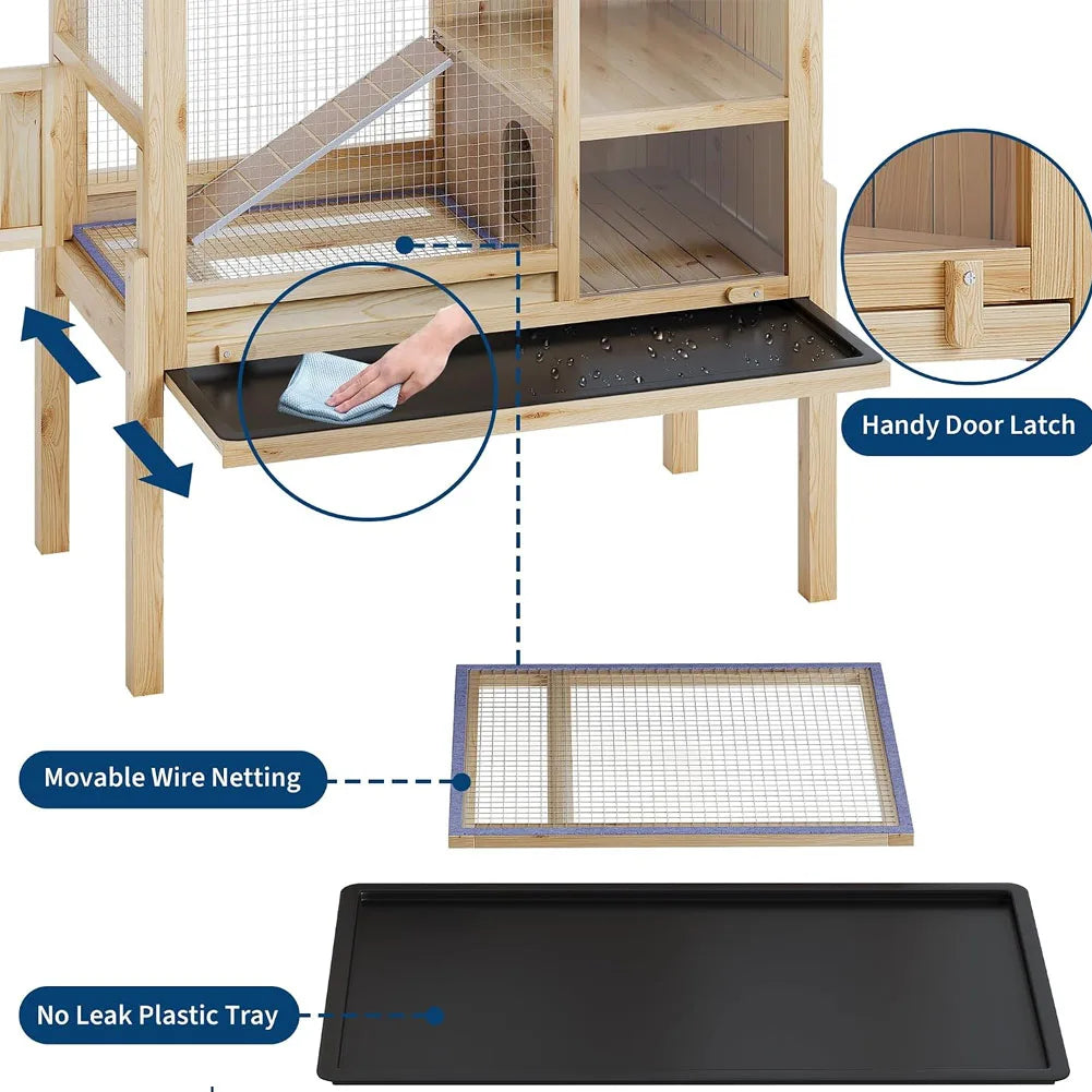 Wooden Guinea Pig Cage Indoor with Stand, 38' 2-Story Rabbit Hutch W/Ramp & Hideout, Clear Vision, Leak-Proof Pull-Out Tray, Lockable Door, Bunny Hamster Habitat
