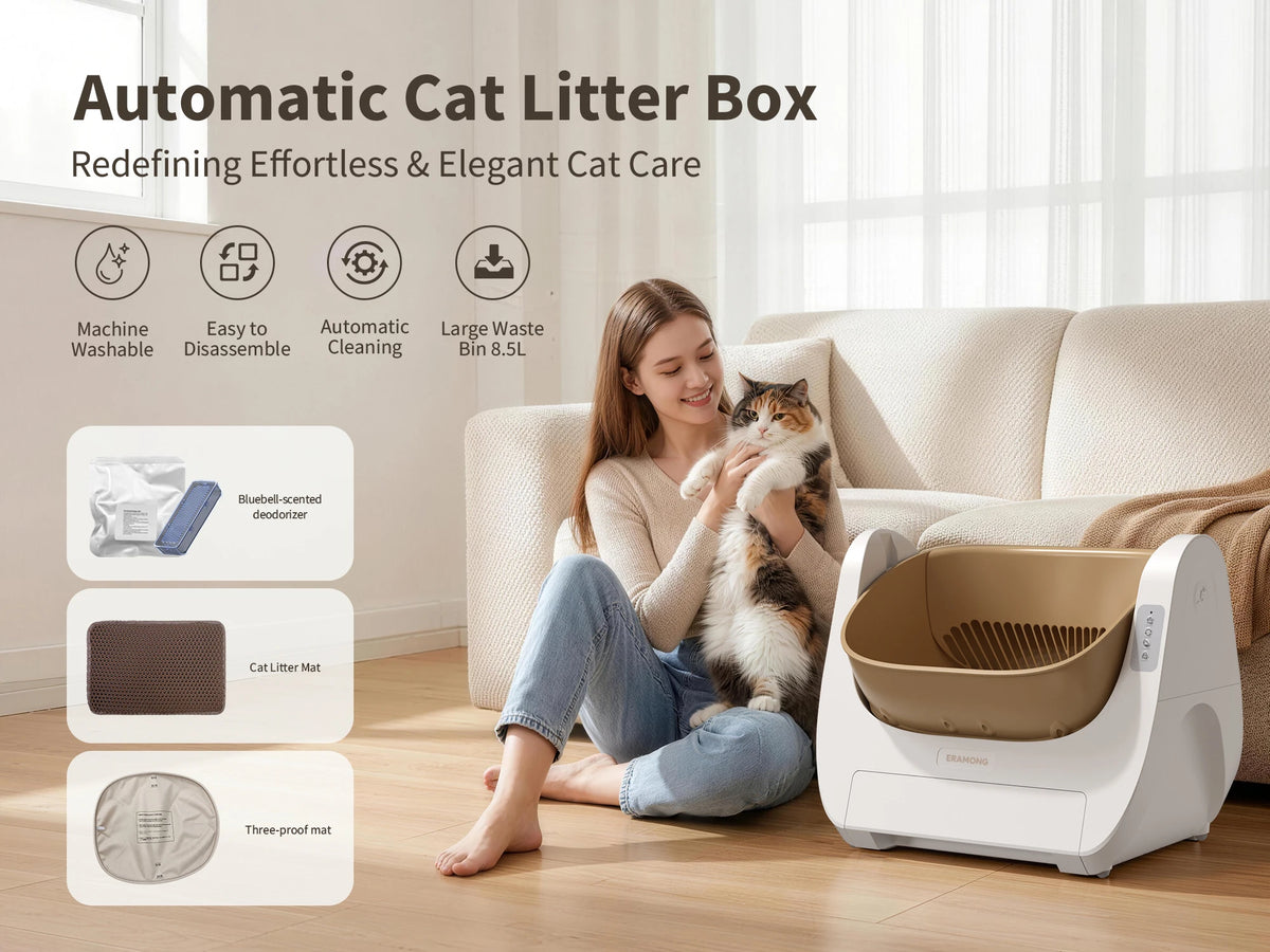 Smart Self-Cleaning Cat Litter Box with Voice Prompt Buttons, Automatic Cleaning Function, 360° Anti-Pinch Safety Protection And High-Efficiency Deodorization. Comes with a Large Waste Bin; Open-Top Design Fits Cats Weighing